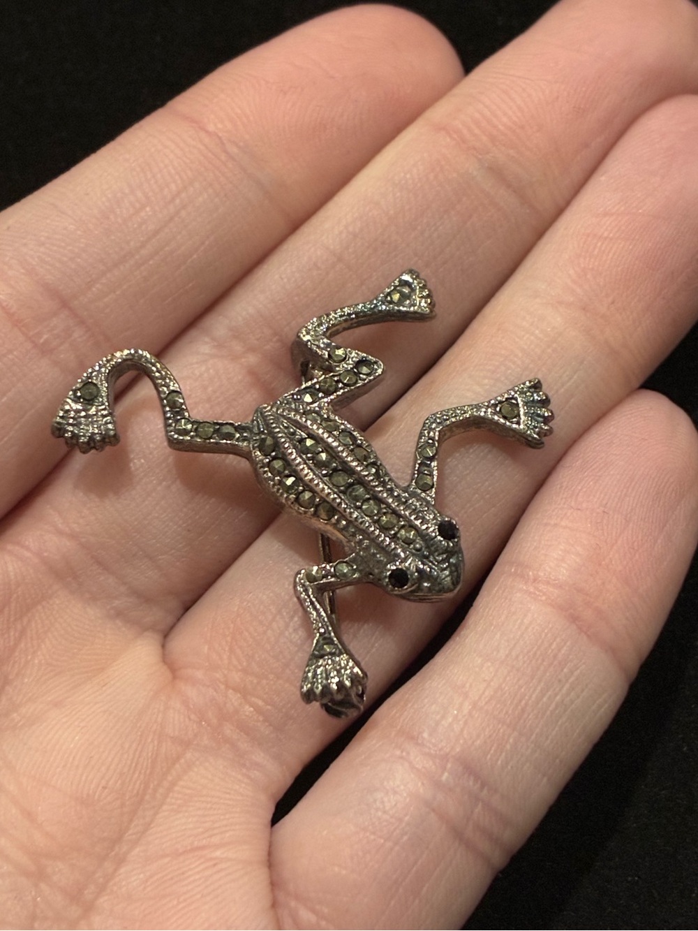Vintage Sterling Silver Marcasite Frog Brooch